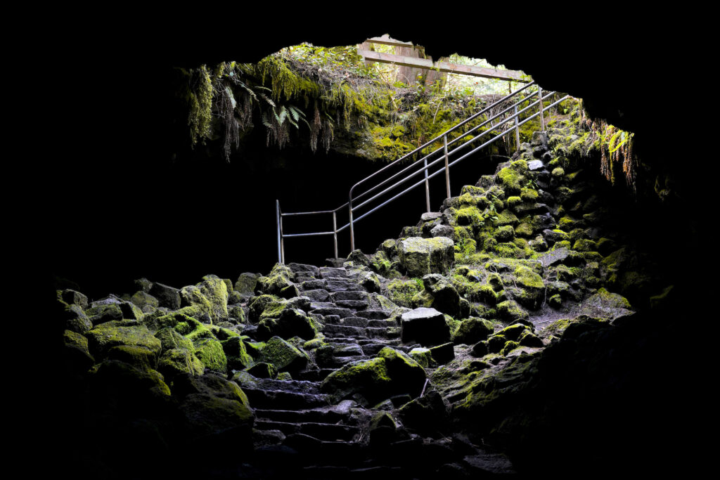 Stairs with metal railings descend from the upper right corner of the image to the center and onto a pile of mossy rocks. The stairs pass through a large round-edged hole in the roof of a cave. Darkness from the cave interior encircles the perimeter of the image.