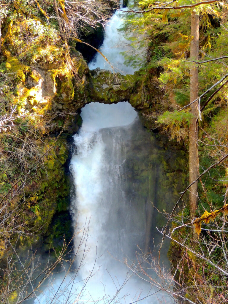 Curly Creek Falls has two rock arches that cross it's face - the lower one is only partly visible due to high flow covering it.