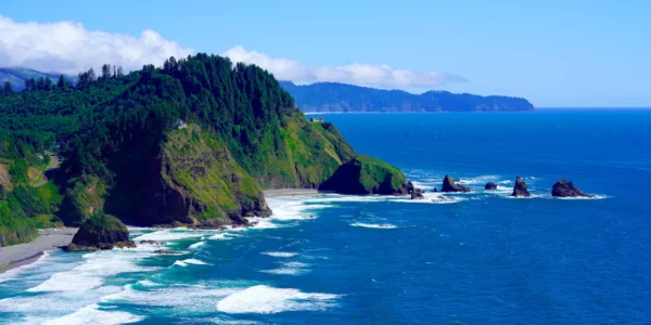 Forested cliffs and distant capes rise from the blue Pacific Ocean on a clear summer day on the Oregon Coast.