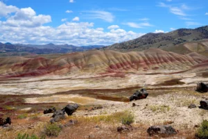 Oregon's Painted Hills Formation stretches out behind a desert landscape.