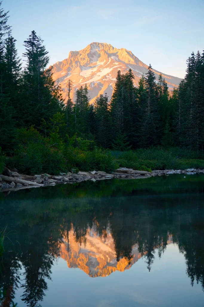 Mt Hood's golden reflection shines in Mirror Lake.