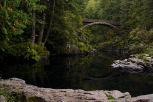 An early autumn scene of a large wooden footbridge spanning a forested river canyon.