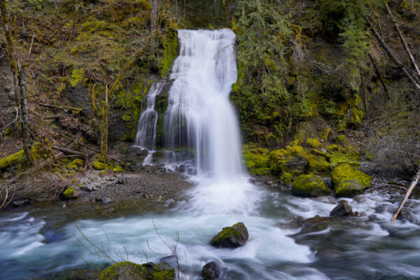 Pretty Steep Creek Falls lands directly into Rock Creek in Gifford Pinchot National Forest in Washington.