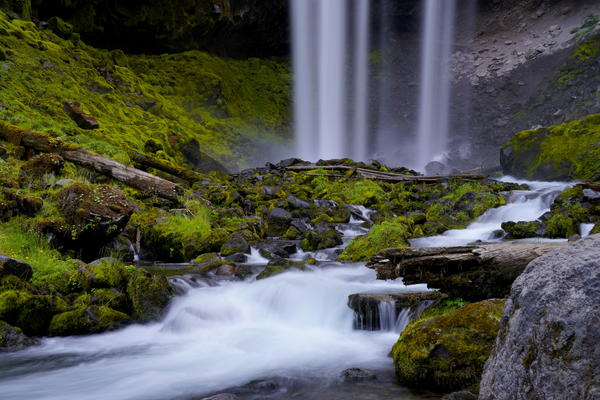 Moss coats the rocks below Tamanawas Falls in Oregon.