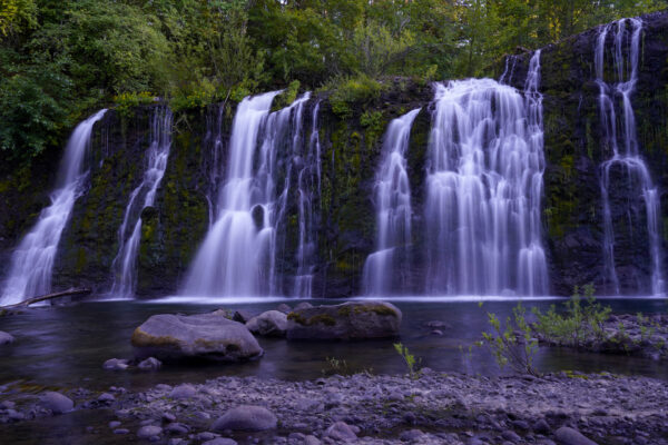 Upper Rock Creek Falls drops forty feet over a very wide cliff, broken up into five channels.