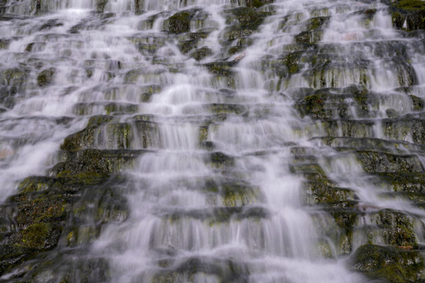 A portion of Walupt Creek Falls is shown splashing down dozens of rocky steps.