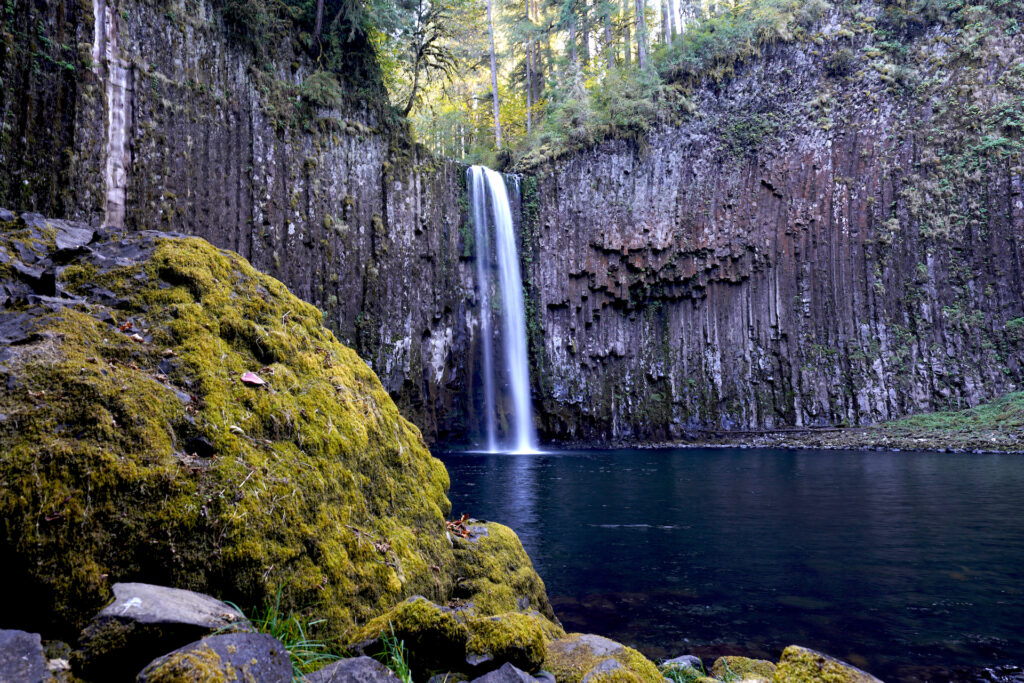 Abiqua Falls drops 92 feet over a columnar basalt cliff into a calm, blue pool. Forest in visible above the falls, and mossy boulders fill the left foreground.