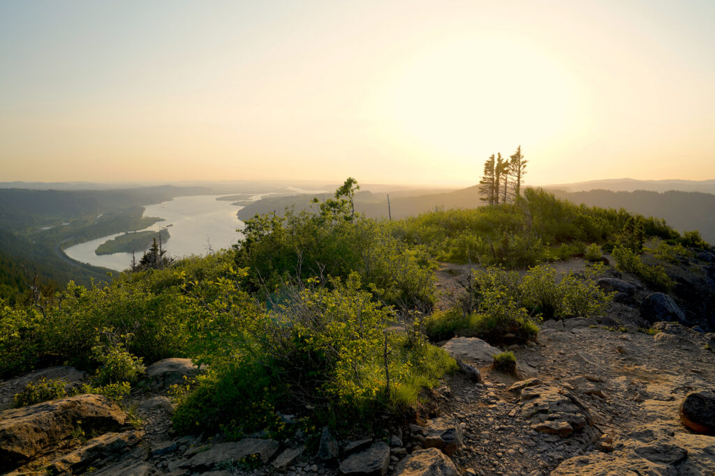 Haze from distant forest fire smoke softens the late afternoon light on the summit of Angel's Rest in Oregon.