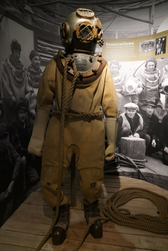 An old diving suit stands in a display at Columbia River Maritime Museum.