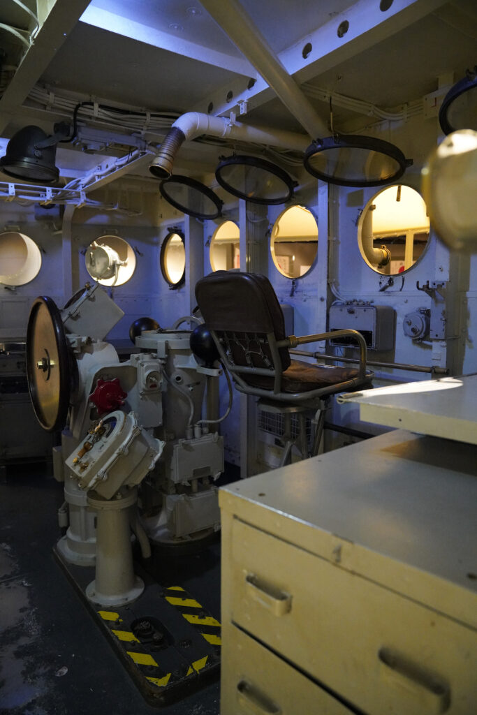 Looking into the bridge of a US WWII warship at Columbia River Maritime Museum.