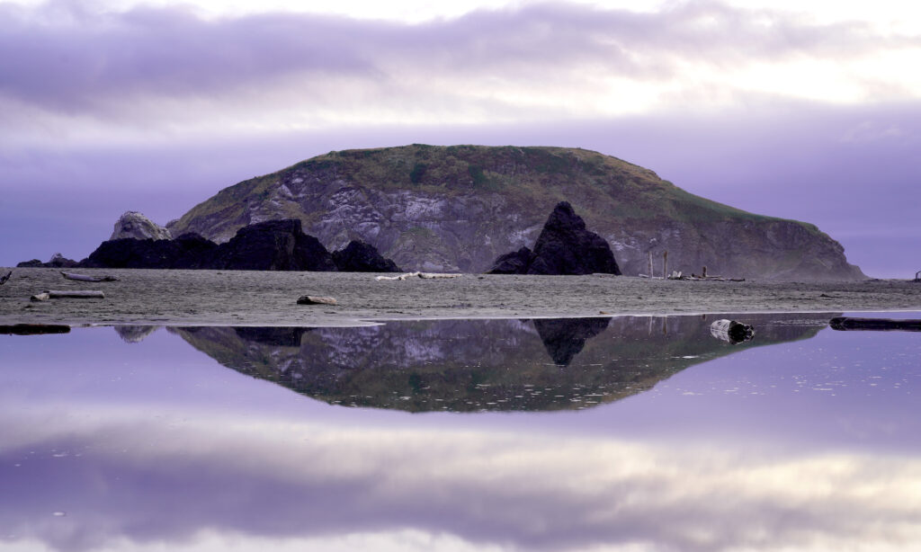 Bird Island, Oregon's largest offshore island, is reflected in a large pool on Harris Beach beneath stripes of lavender clouds.