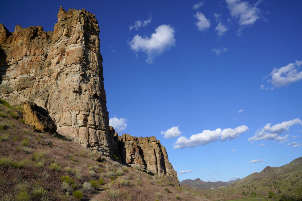 Flat-topped pillars, buttresses, and other castle-like shapes create The Palisades formation in the Clarno Unit of John Day Fossil Beds National Monument.