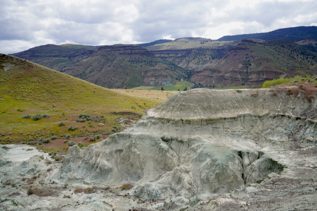 Badlands-type claystone formations with an odd greenish-white tint mingle with the semi-arid landscape in the Sheep Rock Unit of John Day Fossil Bed National Monument.