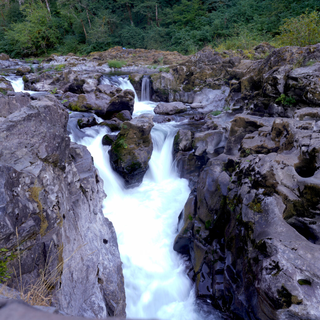 Moulton Falls drops through big rocks and ledges on the East Fork Lewis River in SW Washington.