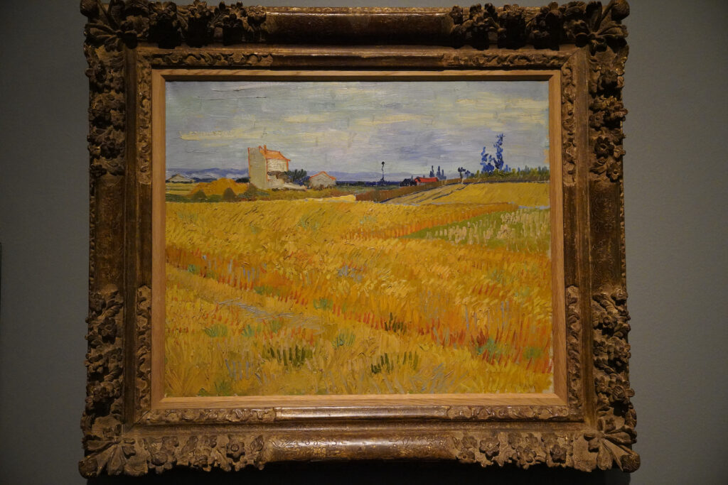 A photo of "Wheat Fields" by Van Gogh, surrounded by a carved wooden frame, hangs in Rijksmuseum in Amsterdam.