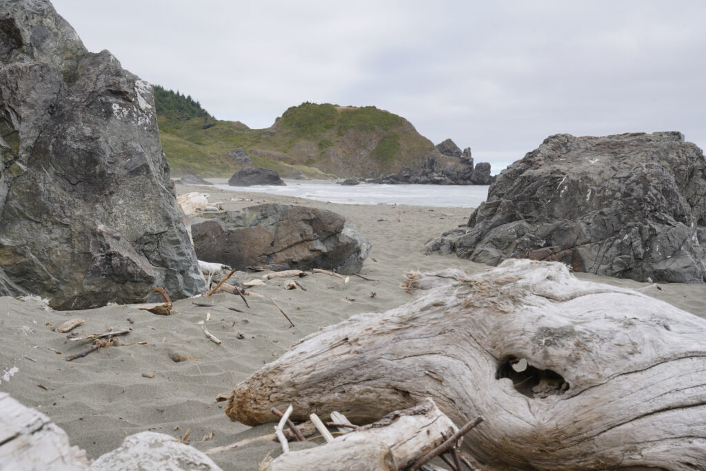 Boulders and driftwood mingle with the sand at Lonesome Ranch Beach on a cloudy afternoon.