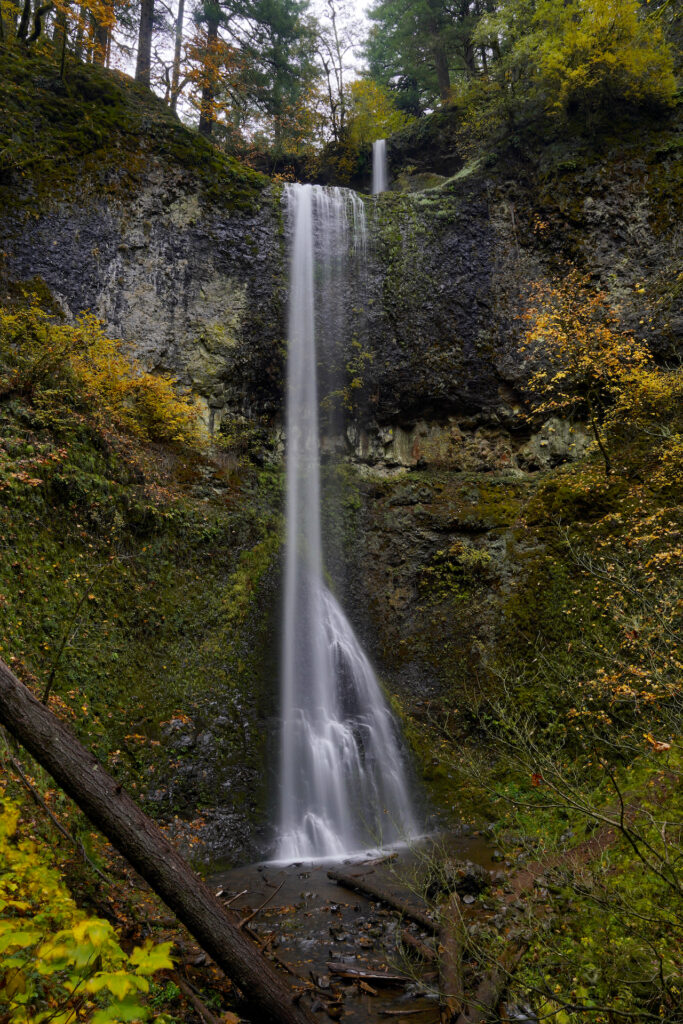 Double Falls plunges in two steps in Silver Falls State Park on a cloudy autumn day.