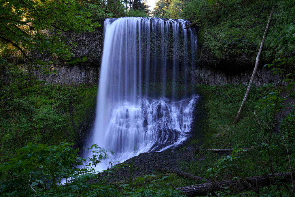 Graceful Middle North Falls is surrounded by deep green forest on a late afternoon in summer in Silver Falls State Park, Oregon.