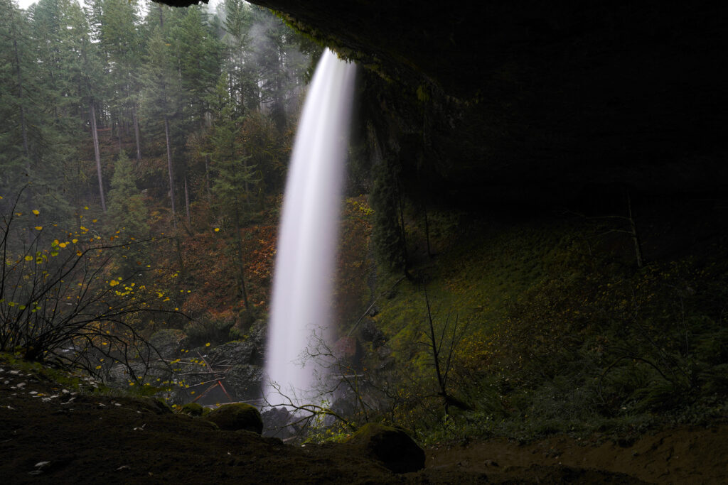 A side view of North Falls on a misty autumn day, with the huge cave behind it disappearing into blackness in Silver Falls State Park, Oregon.