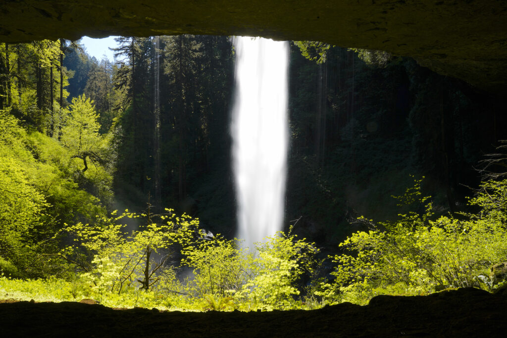 Afternoon sun shines on North Falls as viewed from the trail which passes behind it in Silver Falls State Park, Oregon.