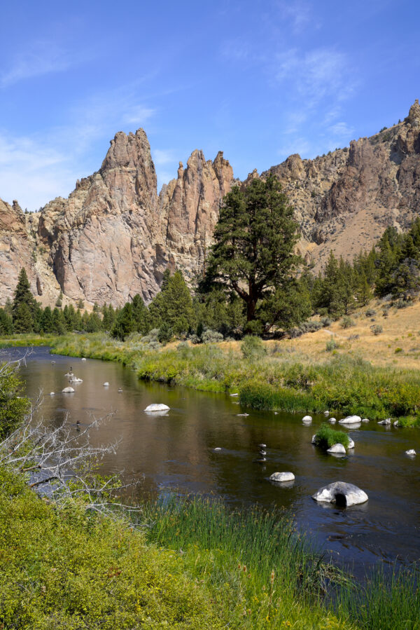 The Crooked River flows through a desert landscape with the craggy points of Smith Rock in the background.