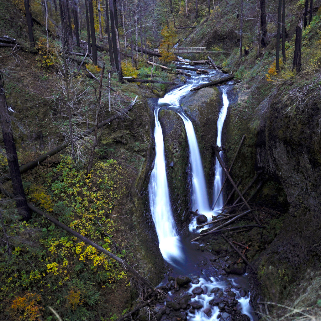 Triple Falls drops in three parallel waterfalls in the last light of an autumn evening in Columbia Gorge National Scenic Area.