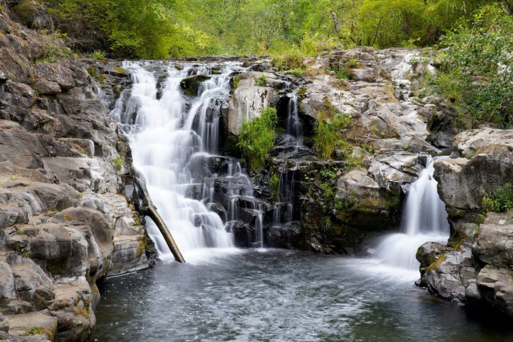 Two channels step down ledges into a big pool at picturesque Yacolt Falls in Moulton Falls Regional Park in SW Washington.