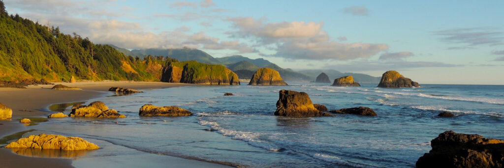 A sweeping view of the northern Oregon Coast lit by warm afternoon sunshine.