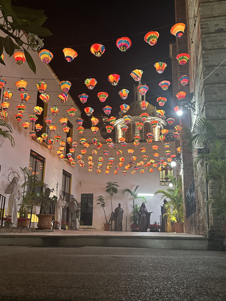 Colorful lanterns hang above a little plaza in Puerto Vallarta. 