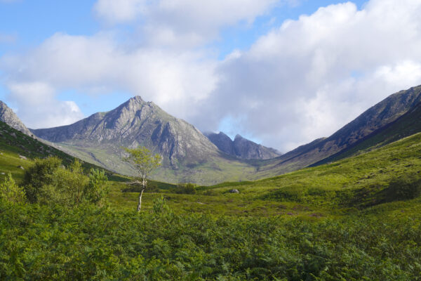 Goatfell rises behind verdant Glen Rosa on Arran Island, Scotland.