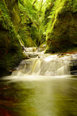 A set of small cascades steps through a canyon with mossy walls, known as The Devil's Pulpit, Scotland.