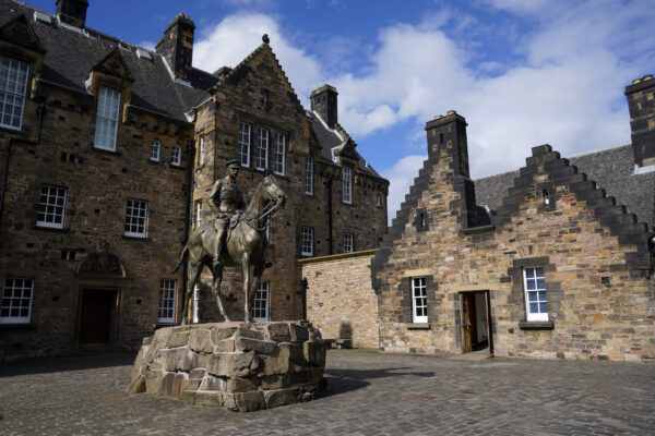 The plaza outside the historic hospital at Edinburgh Castle is adorned by a statue of Earl Haig mounted on his horse.