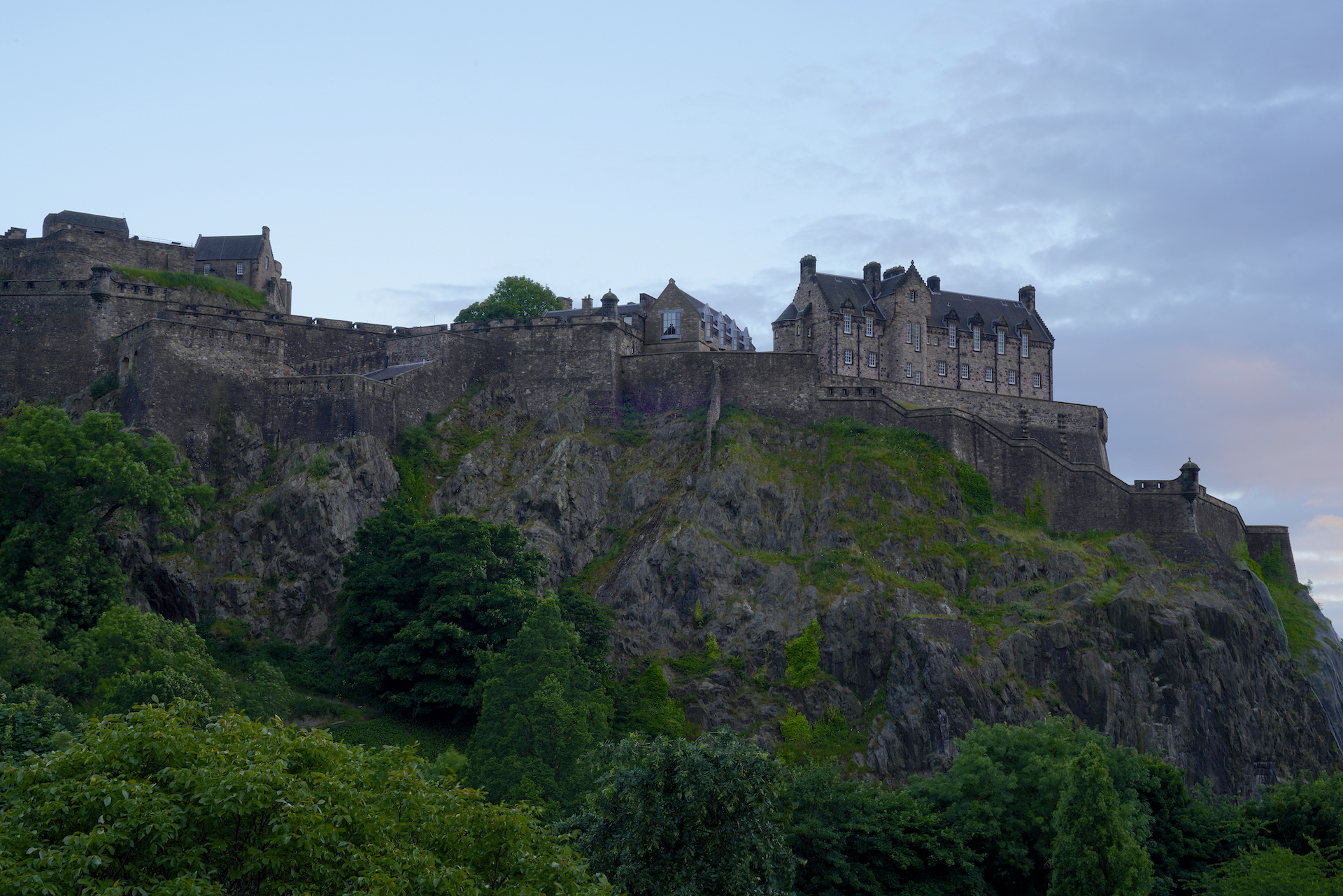 Looking up at the north side of Edinburgh Castle from Princes St Gardens.