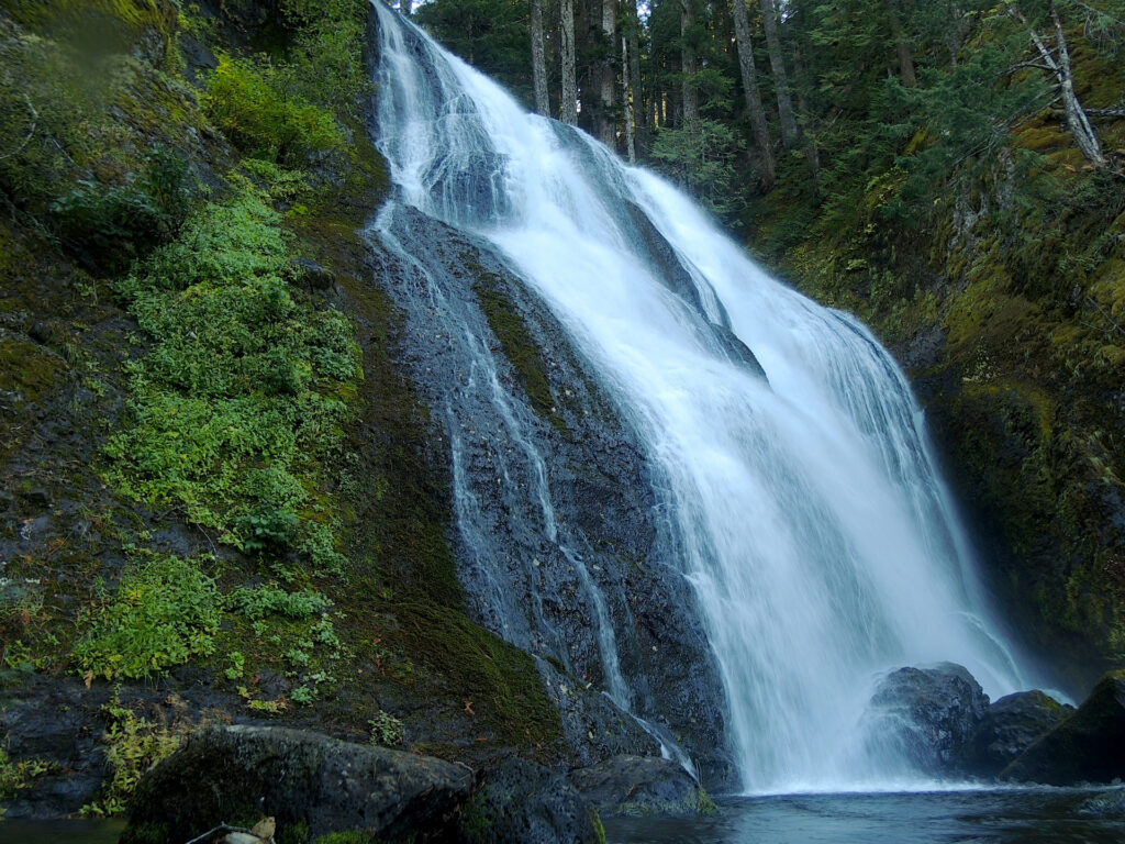 A seldom-seen view of the wide upper tier of Washington State's famous Falls Creek Falls.