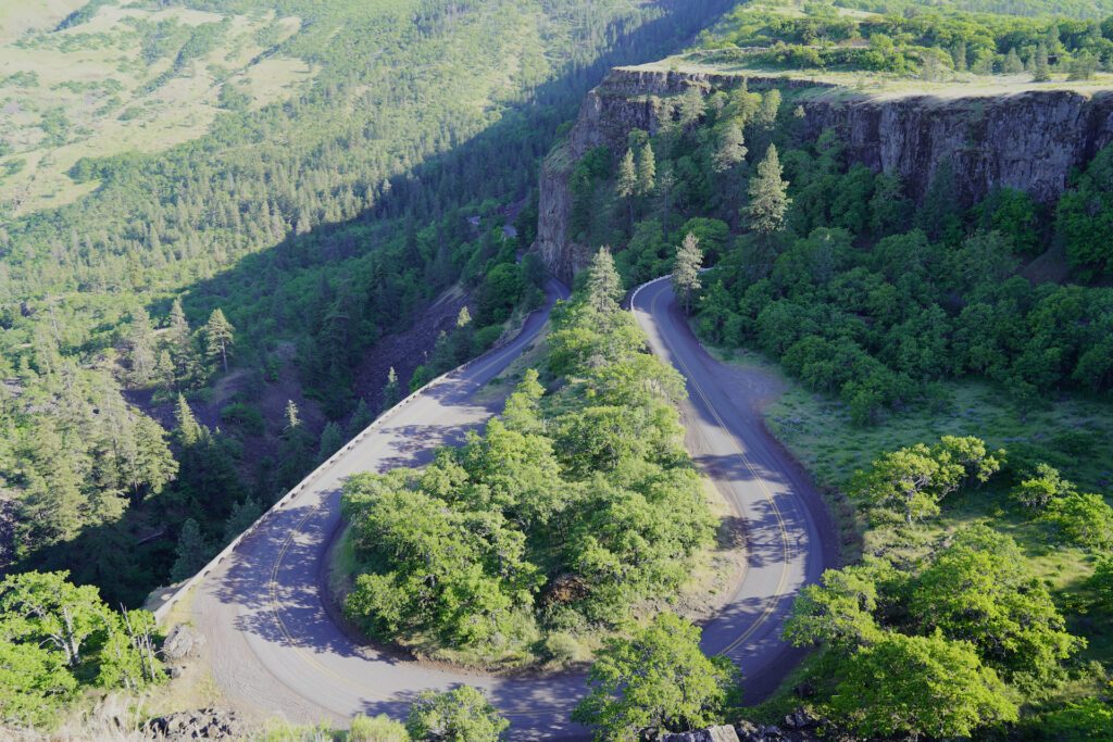 Looking down on the well-known highway switchback corners below Rowena Crest Viewpoint.