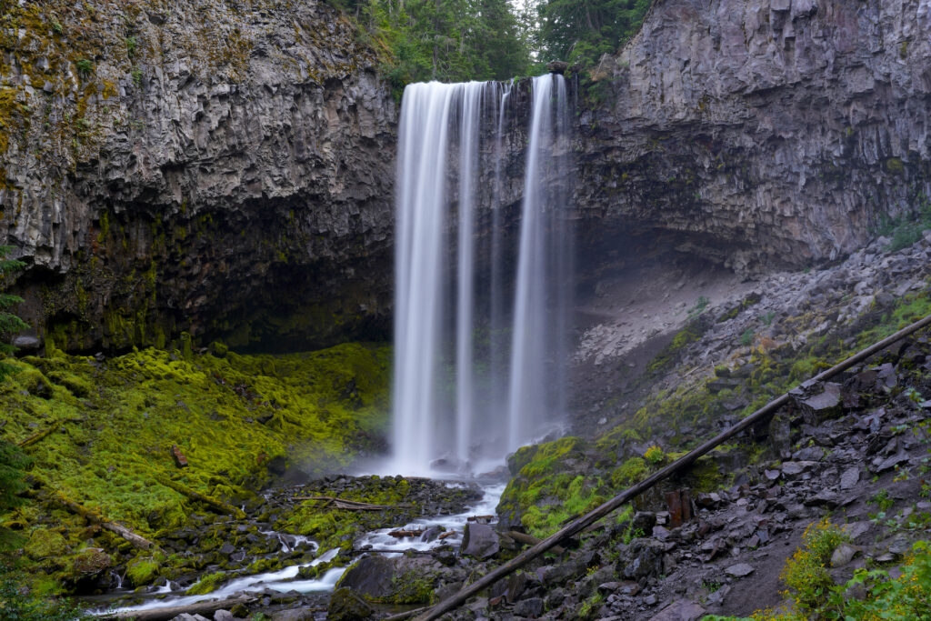 Tamanawas Falls plunges 110 feet into a deep rock canyon blanketed with moss on the slopes of Mt Hood, Oregon.