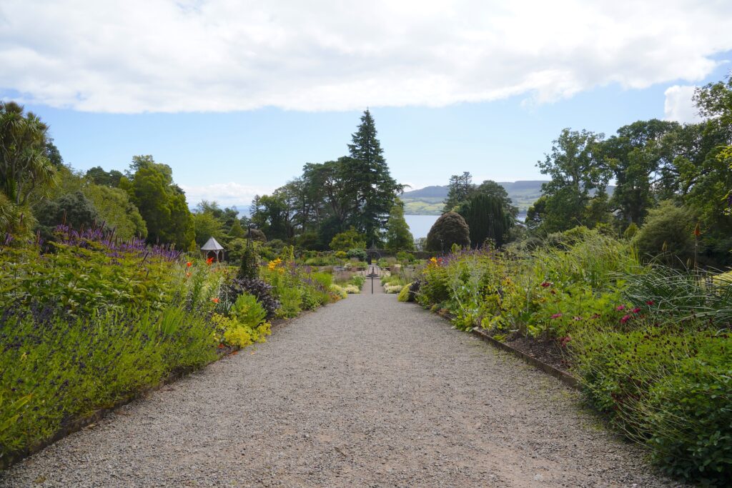 Looking down the central path in Brodick Castle's walled Victorian-era formal garden.