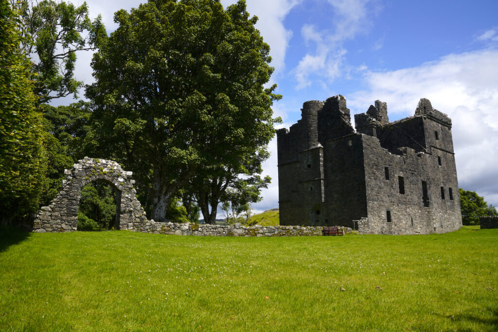 The exterior of Carnasserie Castle ruin in Scotland.