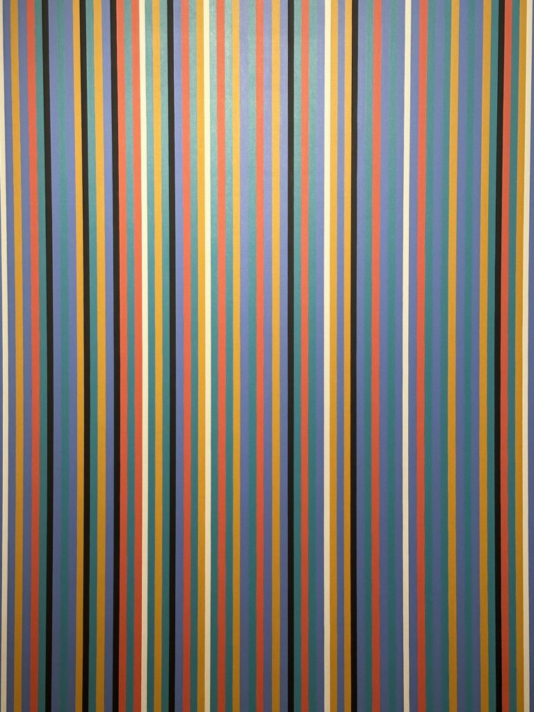 "Luxor" by Bridget Riley features vertical stripes in an ancient Egyptian-themed palette.