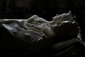 White marble effigies of the 8th Duke of Argyll and his wife lie in Scotland's Iona Abbey.