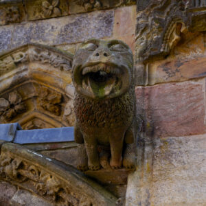 A carved stone gargoyle in the form of a lion protrudes from a stone church in Scotland.