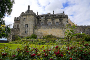 Roses, lawns, and flowers decorate Queen Ann's Garden at Stirling Castle in Scotland.