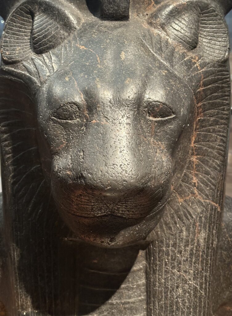 An Egyptian carved stone figure of a lion's head at Kelvingrove Art Gallery and Museum in Glasgow, Scotland.