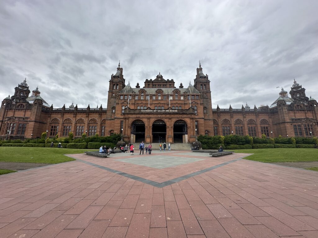 The front of palatial Kelvingrove Art Gallery and Museum in Glasgow, Scotland.