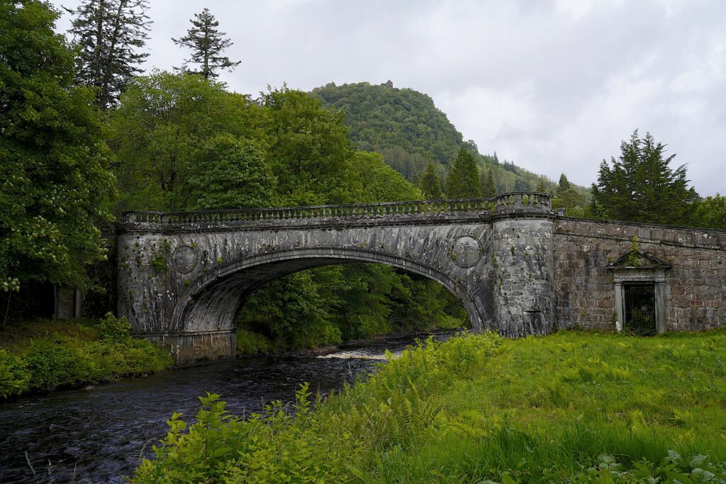 Aray Castle Bridge spans the Aray River near the village of Inveraray, Scotland.