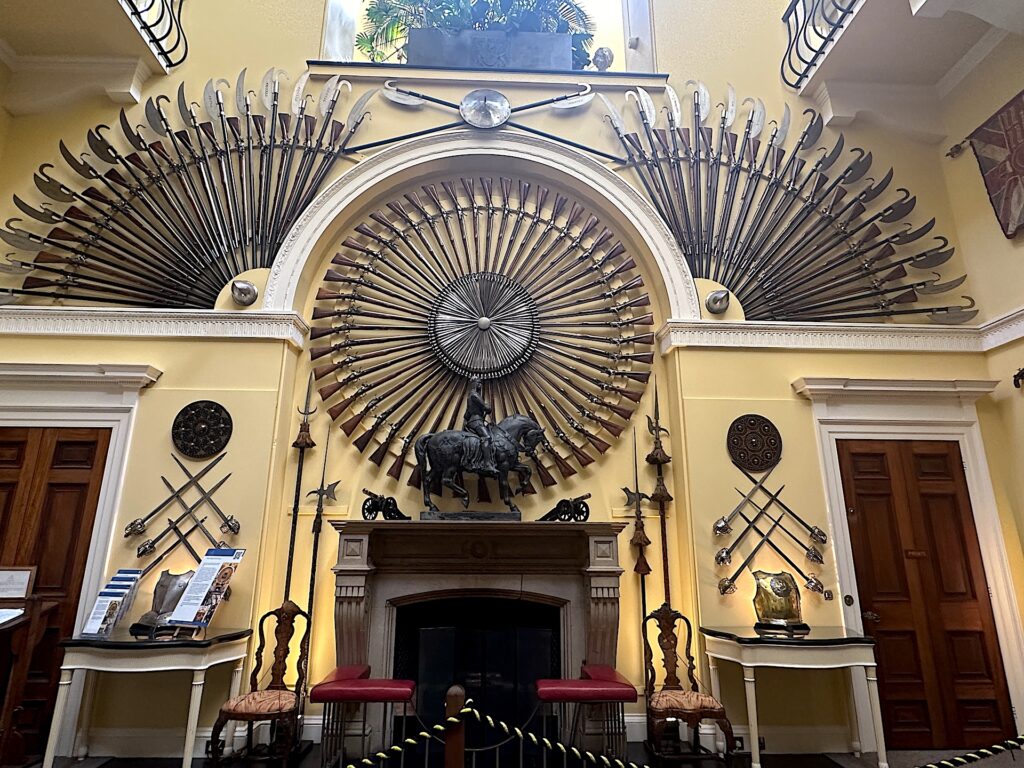 European weaponry spanning centuries is displayed geometrically in Inveraray Castle's Armoury Hall.