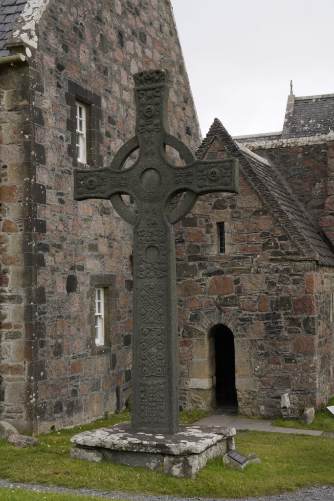 St John's Cross stands outside the shrine of St Columba at Iona Abbey on Scotland's Isle of Iona.