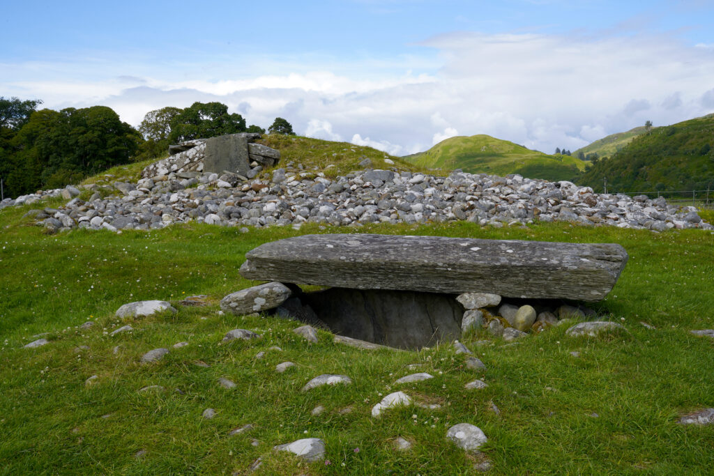 5,000 year-old Nether Largie South Cairn, an ancient burial chamber, rests in Kilmartin Glen, Scotland.