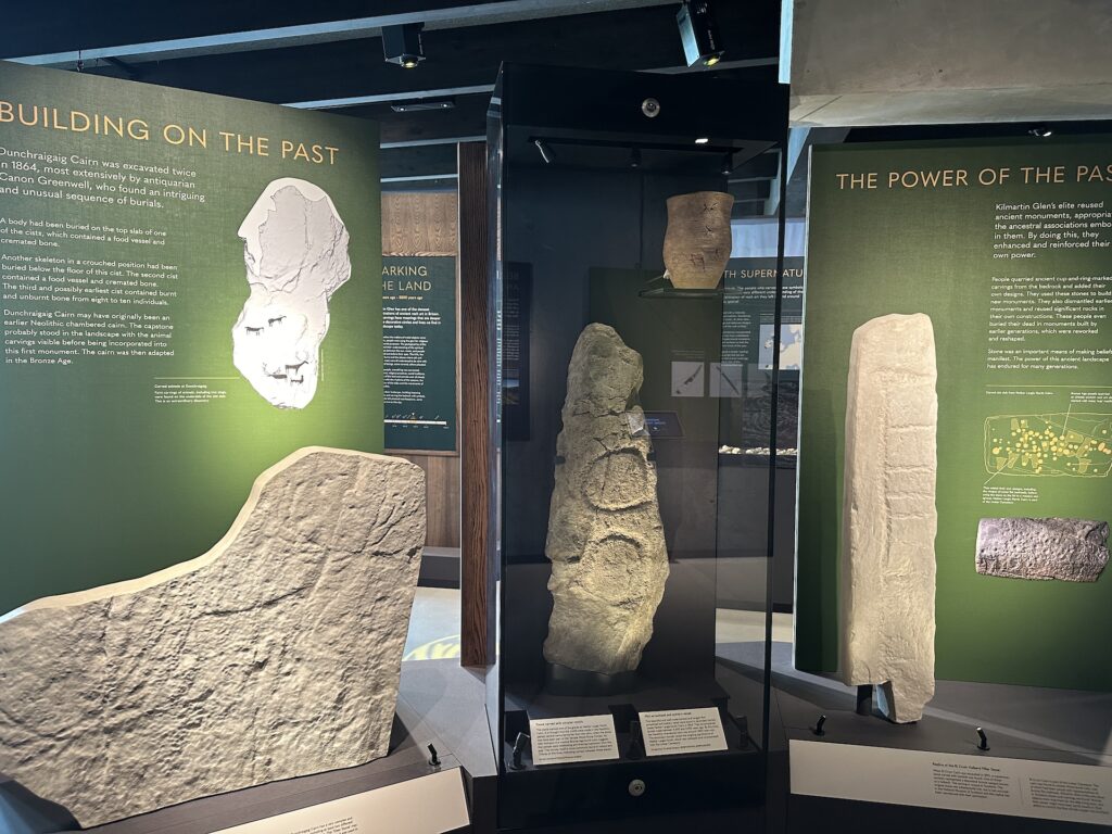 Large fragments of carved rock slabs from neolithic Kilmartin Glen, Scotland are displayed in Kilmartin Museum.