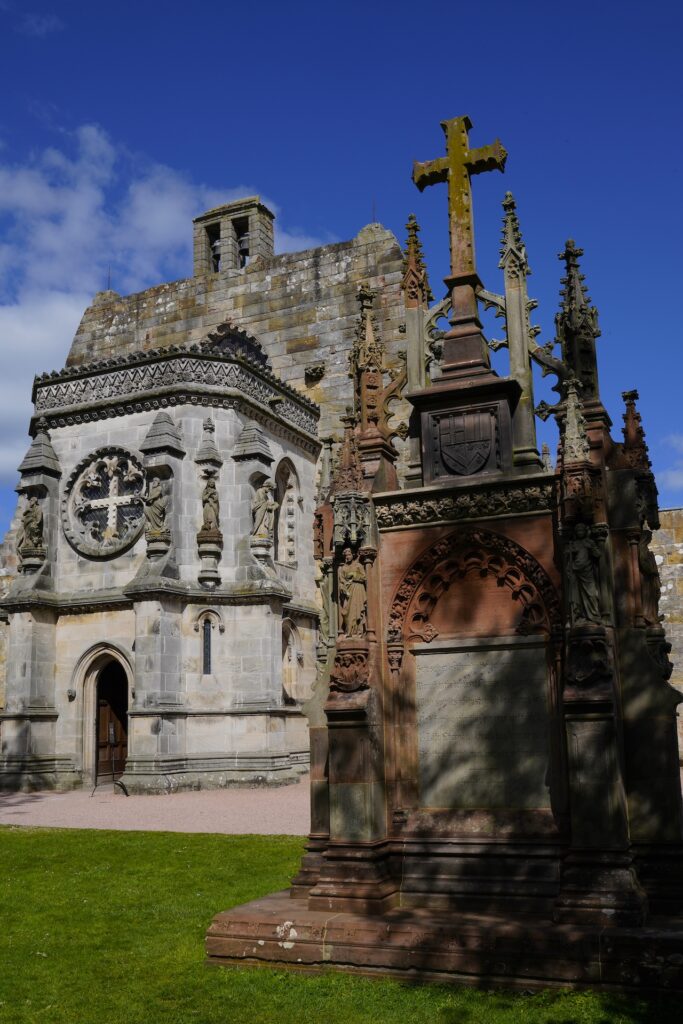 The front exterior of ornate Rosslyn Chapel in Scotland.